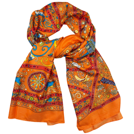 FASHION - Esarfa matase MAYA portocaliu cu flori si motive orientale