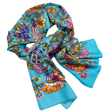 Esarfe Imprimate - Esarfa matase MAYA cu flori si motive orientale, Turcoaz