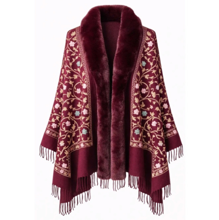 Manusi Si Esarfe Casmir & Vascoza - Esarfa tip Poncho burgundy cu blanita artificiala si broderie Cashmere DAPHNE