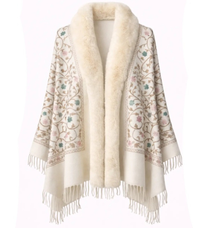 ACCESORII VESTIMENTARE FEMEI - Esarfa tip Poncho crem cu blanita artificiala si broderie Cashmere DAPHNE