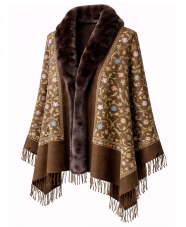 Esarfa tip Poncho maro cu blanita artificiala si broderie Cashmere DAPHNE [1]