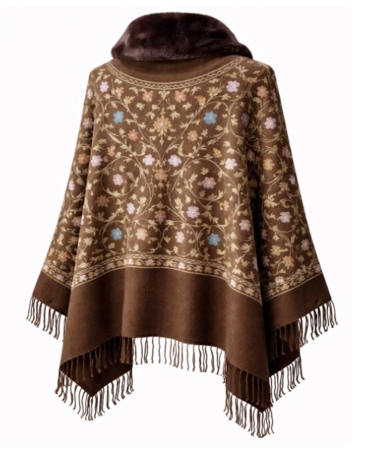 Esarfa tip Poncho maro cu blanita artificiala si broderie Cashmere DAPHNE [2]