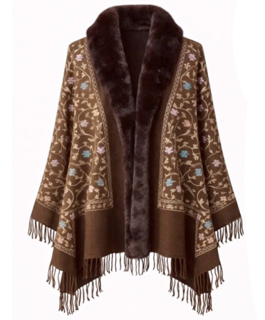 ACCESORII VESTIMENTARE FEMEI - Esarfa tip Poncho maro cu blanita artificiala si broderie Cashmere DAPHNE