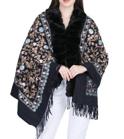 Esarfa tip Poncho neagra cu blanita artificiala si broderie Cashmere DAPHNE [2]