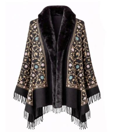 ACCESORII VESTIMENTARE FEMEI - Esarfa tip Poncho neagra cu blanita artificiala si broderie Cashmere DAPHNE