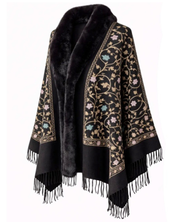 Esarfa tip Poncho neagra cu blanita artificiala si broderie Cashmere DAPHNE [1]