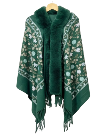 Manusi Si Esarfe Casmir & Vascoza - Esarfa verde tip Poncho cu blanita si franjuri Cashmere