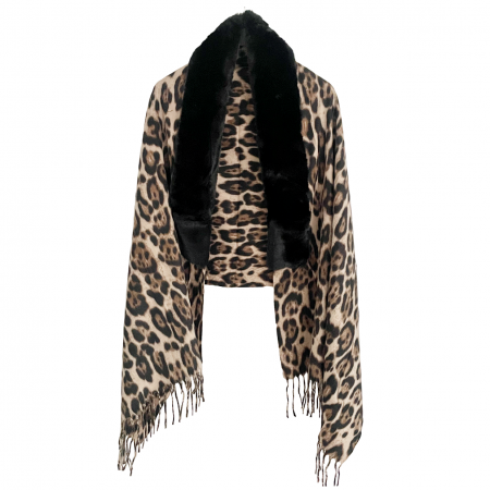 Esarfe Casmir & Vascoza & Manusi - Esarfa tip Poncho cu blanita si franjuri Cashmere LEOPARD, Bej