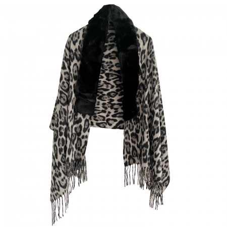 Esarfe Casmir & Vascoza & Manusi - Esarfa tip Poncho cu blanita si franjuri Cashmere LEOPARD, Alb Negru
