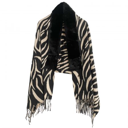 Esarfe Casmir & Vascoza & Manusi - Esarfa tip Poncho cu blanita si franjuri Cashmere ZEBRA, Bej Negru