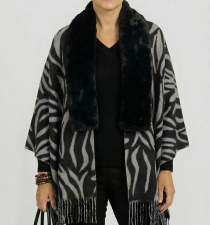 FASHION - Esarfa tip Poncho cu blanita si franjuri Cashmere ZEBRA, Gri/ Negru