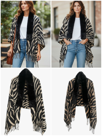 Esarfa tip Poncho cu blanita si franjuri Cashmere ZEBRA, Gri/ Negru [3]