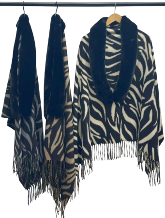 Esarfa tip Poncho cu blanita si franjuri Cashmere ZEBRA, Gri/ Negru [2]