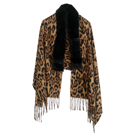 Esarfe Casmir & Vascoza & Manusi - Esarfa tip Poncho cu blanita si franjuri Cashmere LEOPARD, Maro Negru