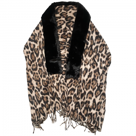 Esarfa tip Poncho cu blanita si franjuri Cashmere LEOPARD, Maro Negru [1]