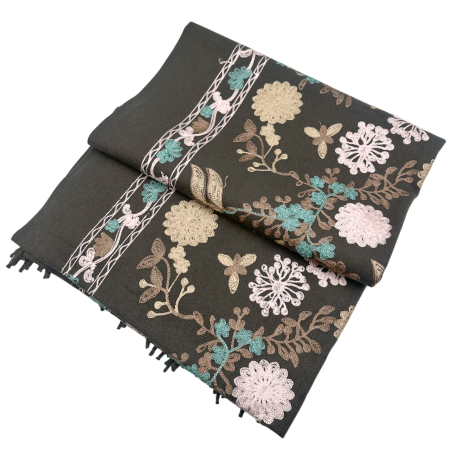 Esarfa tip Poncho cu broderie si franjuri Cashmere CHLOE, Gri inchis [1]