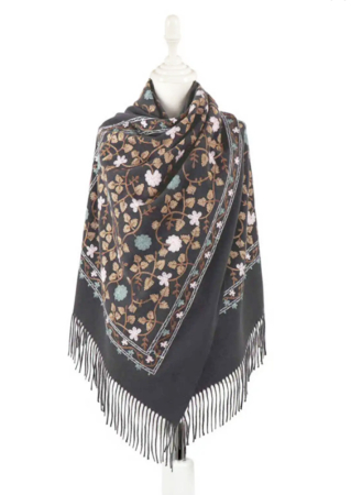Esarfe Casmir & Vascoza & Manusi - Esarfa tip Poncho cu broderie si franjuri Cashmere CHLOE, Gri inchis