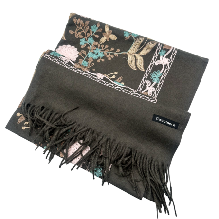 Esarfa tip Poncho cu broderie si franjuri Cashmere CHLOE, Gri inchis [3]