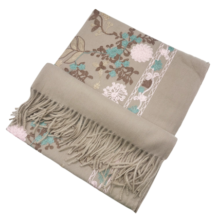 Esarfa tip Poncho cu broderie si franjuri Cashmere CHLOE, Bej taupe [1]