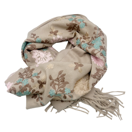 Esarfe Casmir & Vascoza & Manusi - Esarfa tip Poncho cu broderie si franjuri Cashmere CHLOE, Bej taupe
