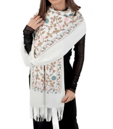 Esarfa tip Poncho cu broderie si franjuri Cashmere CHLOE, Alb ivoire [4]