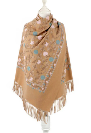 Esarfe Casmir & Vascoza & Manusi - Esarfa tip Poncho cu broderie si franjuri Cashmere CHLOE, Maro