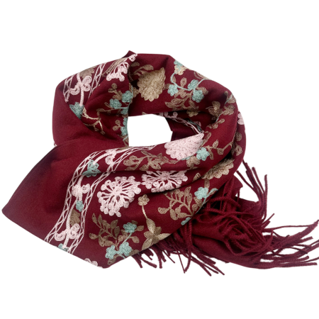 Esarfe Casmir & Vascoza & Manusi - Esarfa tip Poncho cu broderie si franjuri Cashmere CHLOE, Burgundy
