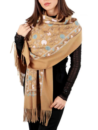 Esarfa tip Poncho cu broderie si franjuri Cashmere CHLOE, Maro [4]