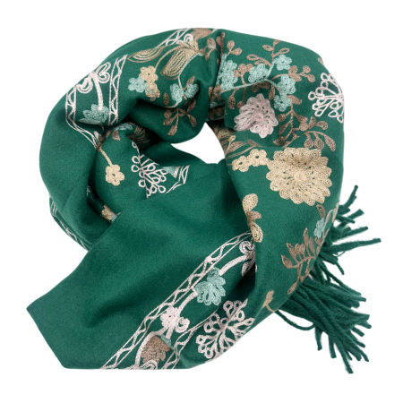Esarfe Casmir & Vascoza & Manusi - Esarfa tip Poncho cu broderie si franjuri Cashmere CHLOE, Verde