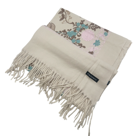 Esarfa tip Poncho cu broderie si franjuri Cashmere CHLOE, Bej [2]