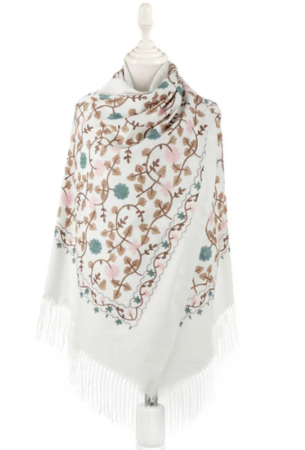 Esarfe Casmir & Vascoza & Manusi - Esarfa tip Poncho cu broderie si franjuri Cashmere CHLOE, Alb ivoire