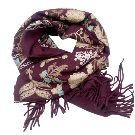 Esarfe Casmir & Vascoza & Manusi - Esarfa tip Poncho cu broderie si franjuri Cashmere CHLOE, Mov sangria