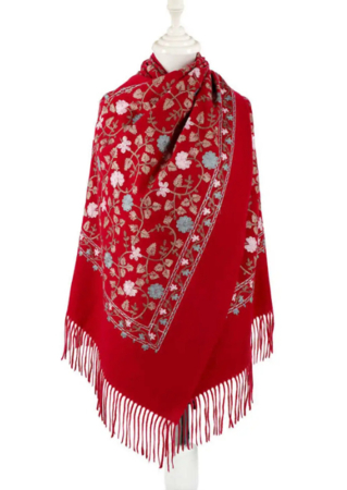 Esarfe Casmir & Vascoza & Manusi - Esarfa tip Poncho cu broderie si franjuri Cashmere CHLOE, Rosu