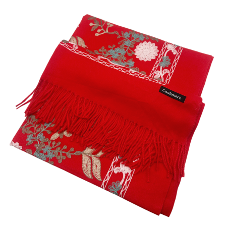 Esarfa tip Poncho cu broderie si franjuri Cashmere CHLOE, Rosu [3]