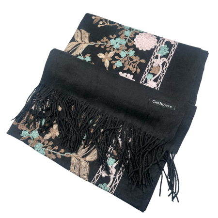 Esarfa tip Poncho cu broderie si franjuri Cashmere CHLOE, Negru [3]