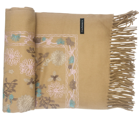 Esarfa tip Poncho cu broderie si franjuri Cashmere CHLOE, Maro [2]