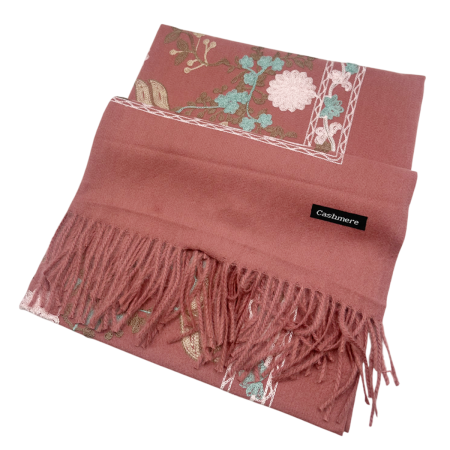Esarfa tip Poncho cu broderie si franjuri Cashmere CHLOE, Roz prafuit [3]