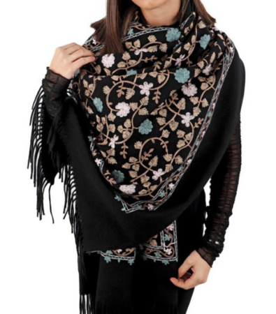 Esarfa tip Poncho cu broderie si franjuri Cashmere CHLOE, Negru [4]