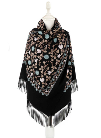 Esarfe Casmir & Vascoza & Manusi - Esarfa tip Poncho cu broderie si franjuri Cashmere CHLOE, Negru