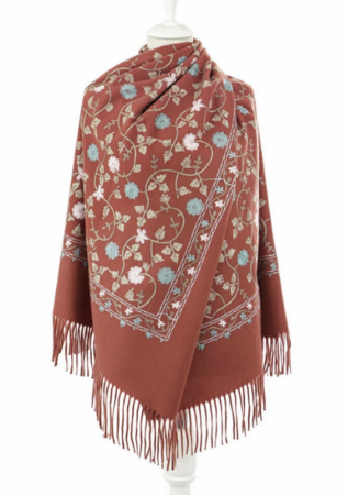 Esarfe Casmir & Vascoza & Manusi - Esarfa tip Poncho cu broderie si franjuri Cashmere CHLOE, Roz prafuit