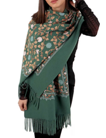 Esarfa tip Poncho cu broderie si franjuri Cashmere CHLOE, Verde [4]