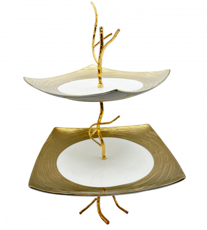 SERVIRE & DECORARE MASA CRACIUN - Etajera cu 2 Platouri MARGOT, Alb/ Auriu, Portelan