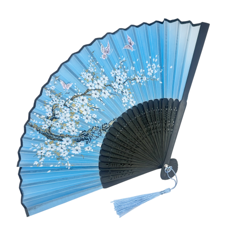 Evantai Albastru din Bambus si Textil BLACK KYOTO cu Flori [0]