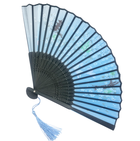 Evantai Albastru din Bambus si Textil BLACK SAKURA cu Flori [1]