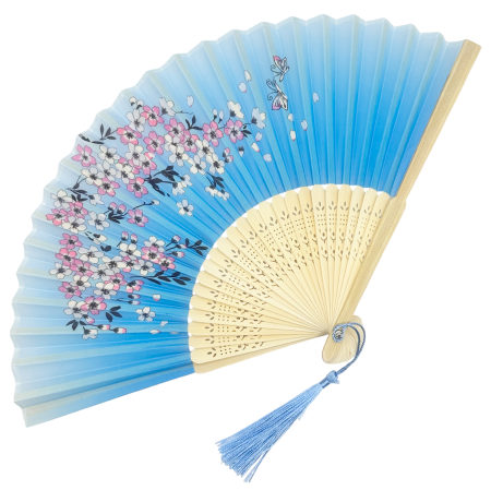 Evantai Albastru din Bambus si Textil KYOTO cu Flori [2]
