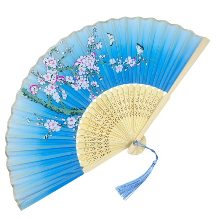 Evantaie & Umbrele De Soare - Evantai Albastru din Bambus si Textil KYOTO cu Flori