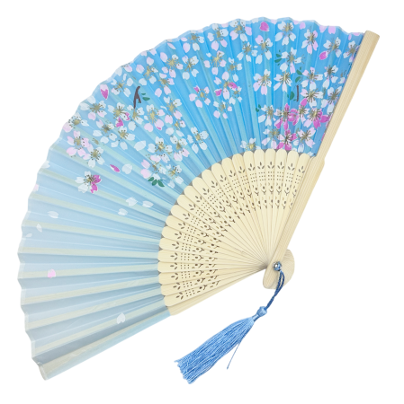 Evantai Albastru din Bambus si Textil SAKURA cu Flori [1]