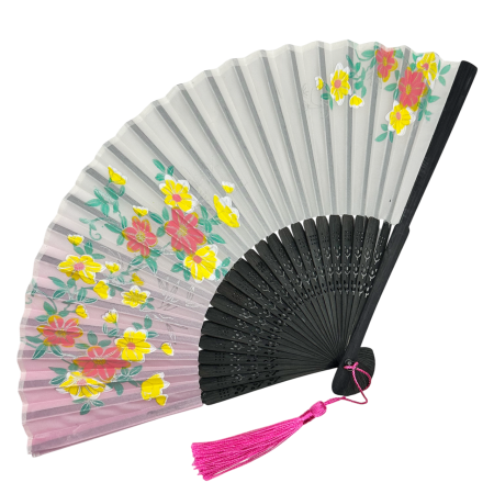VARA CU STIL - Evantai din Bambus si Textil BLACK KYOTO cu Flori Galbene
