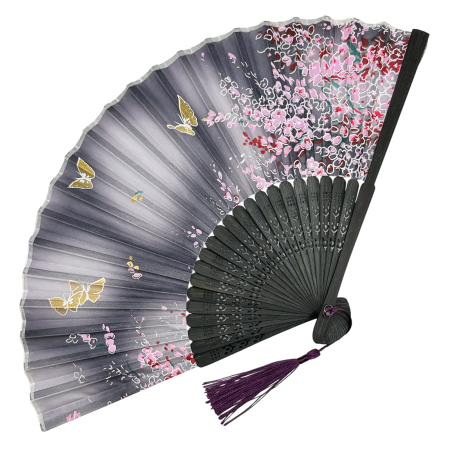 Evantaie & Umbrele De Soare - Evantai Negru din Bambus si Textil BLACK AKITA cu Flori Roz