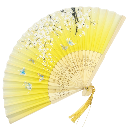 Evantaie & Umbrele De Soare - Evantai Galben din Bambus si Textil KYOTO cu Flori